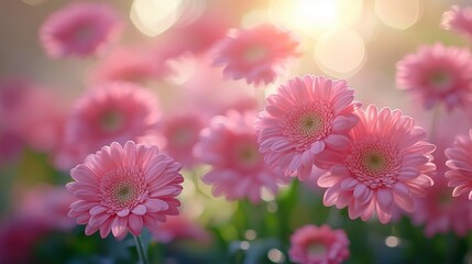 Dreamy Pink Gerbera Meadow: A Symphony of Floral Delights with a Soft Bokeh Backdrop, Capturing the Essence of Gentle Beauty and Ethereal Charm