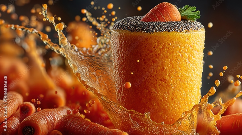 Poster fresh carrot juice smoothie splashing with carrots and chia seeds on top