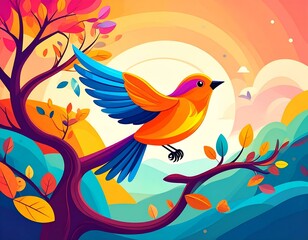 Fototapeta premium Vibrant illustration of a colorful bird in flight over a stylized autumnal landscape.