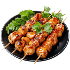 Grilled chicken skewers served with peanut sauce and fresh cilantro on a black plate [Transparent Background PNG].