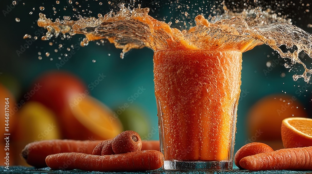 Poster fresh carrot juice splashing out of a glass with carrots and oranges around