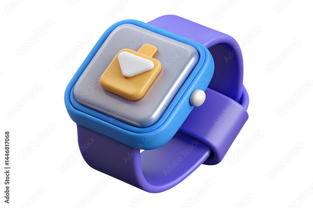 Poster purple smartwatch with video playback icon high quality 3d rendering icon displayed against a backgr
