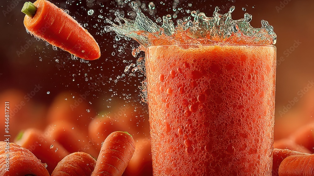 Poster fresh carrot juice splashing with a carrot falling into a glass on a brown background