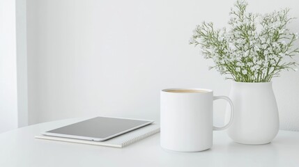 Minimalist workspace with coffee and digital tablet