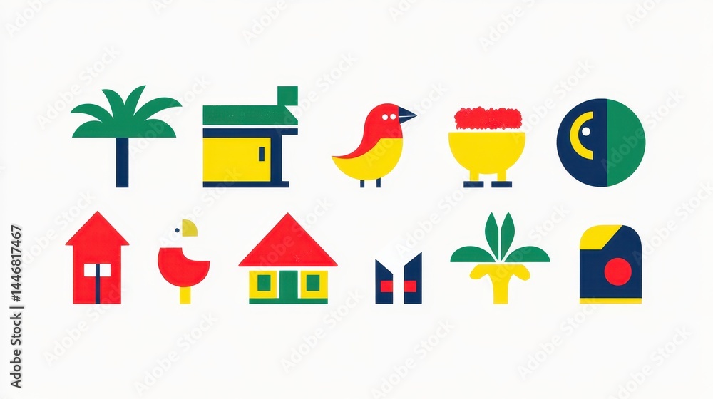 Poster pixelated whimsical collection of icons displaying nature homes and abstract forms evoking a nostalg