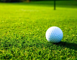 Golf ball on green grass. Ready for putting. Sunny day.