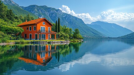 Naklejka premium Picturesque orange house reflects on a serene lake nestled between lush greenery and majestic mountains