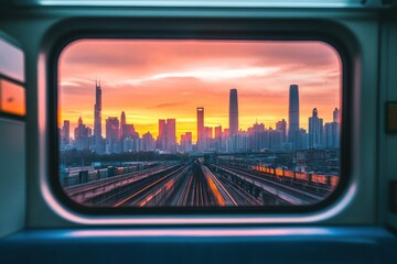Fototapeta premium City skyline through train window at sunset