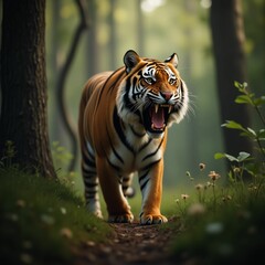 Roaring Tiger in the Forest