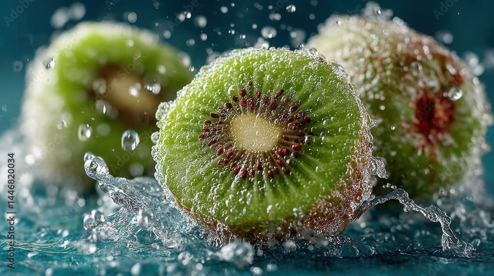 Poster Fresh kiwi slices submerged in water with splashing droplets on a teal background