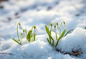 Delicate white snowdrop flowers emerging from melting snow in spring, spring, fragile
