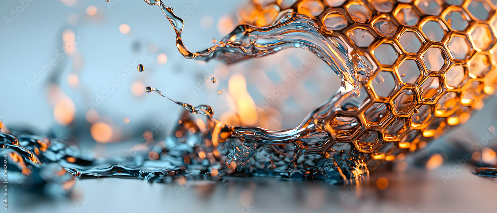 Poster dynamic image of water interacting with a honeycomb structure. great for science projects or abstrac