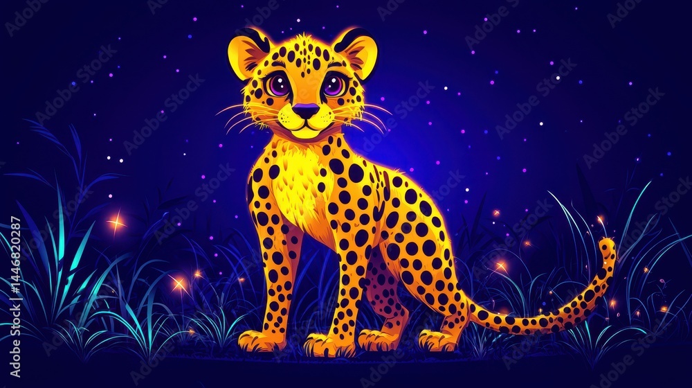 Poster retro pixel art cheetah at dusk evokes nostalgia with a digital twist in an 8-bit style against a gl