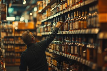 In a liquor store aisle, a man reaches up to select a fine bottle, slightly blurred background, rich warm colors