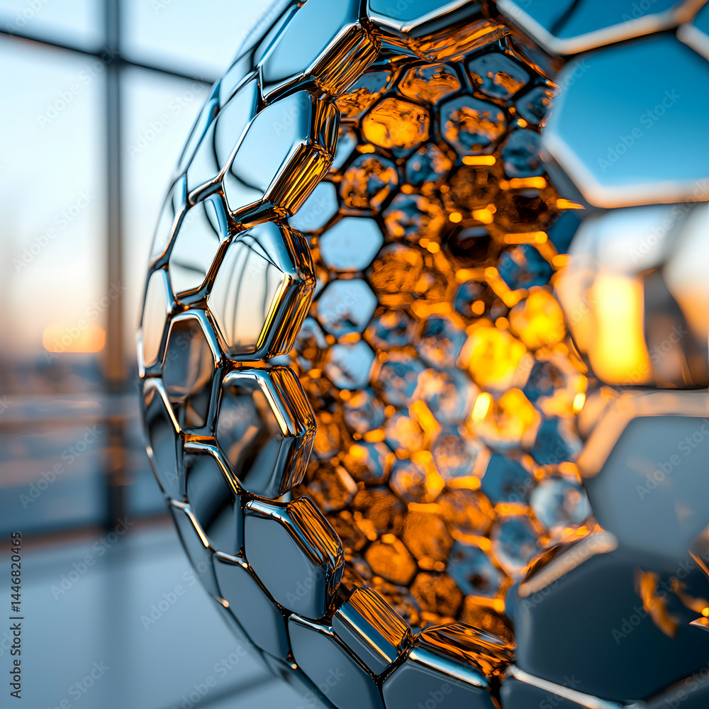 Poster a futuristic sphere with a metallic hexagonal design. ideal for modern art installations or tech-the