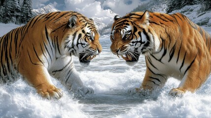 Fototapeta premium Majestic Siberian Tigers Standoff in a Snowy Realm Intense Confrontation Between Two Powerful Felines Eye to Eye Battle for Territory in the Wild