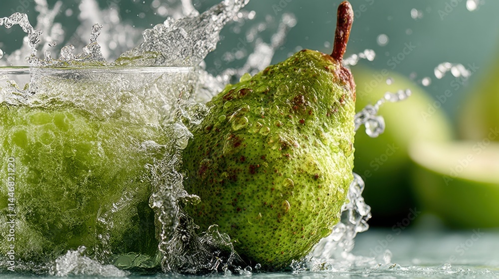 Aufkleber fresh pear with splashing water, creating a refreshing and healthy drink concept