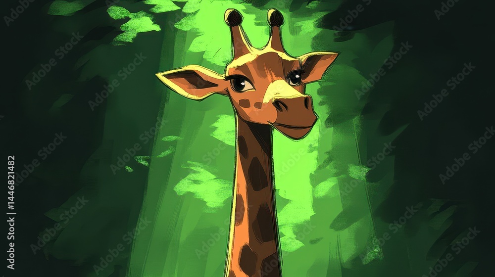 Poster stylized giraffe portrait in abstract leafy green backdrop showcasing artistic rendering style for u