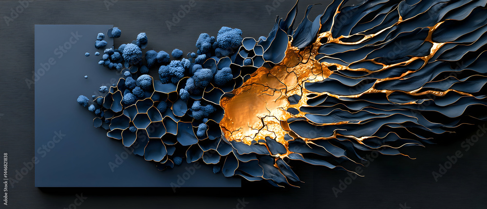 Poster abstract composition featuring deep blue and gold elements. perfect for digital art prints or high-e