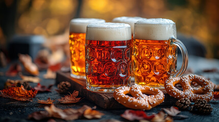 Autumnal beer tasting with pretzels  Three glasses of golden and amber beer, alongside pretzels and fall foliage