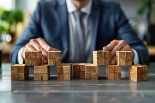 Innovative businessman transforms wooden cubes to showcase the shift from regional to global symbol on a stylish grey table, emphasizing the versatility and adaptability of businesses in a modern and 