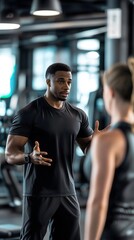 Focused indoor shot of two athletic people in sportswear having a serious conversation in a modern gym, surrounded by workout equipment, discussing training or fitness goals.