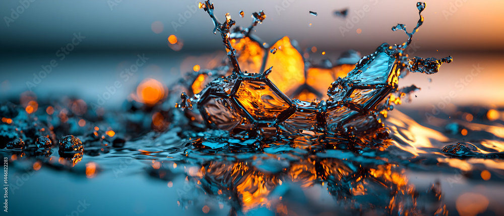 Poster vibrant water splash illuminated by warm hues and cool tones. perfect for dynamic desktop background