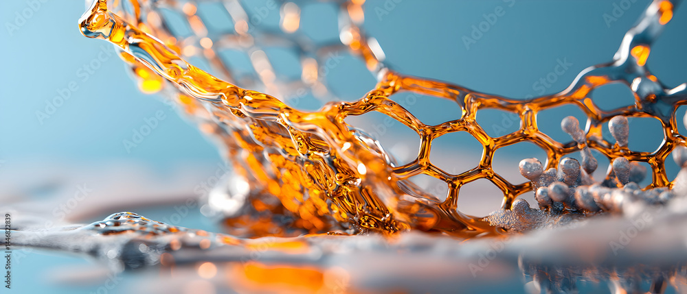 Poster abstract art of liquid forms with honeycomb structures. perfect for science or tech visuals. ideal f