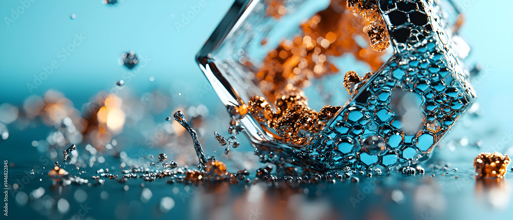 Poster abstract macro image of water splashing around geometric forms with textures and vibrant color palet