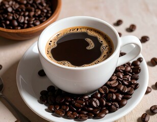 Fototapeta premium Aromatic black coffee in a white cup, surrounded by roasted coffee beans. A perfect morning brew.