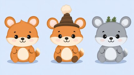 Obraz premium Pixelated trio of adorable woodland creatures ideal for children's book illustrations playful designs and heartwarming seasonal content creation projects