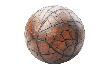 Round, decorative object featuring a pattern of lines and cracks.  The sphere has a rich brown color.
