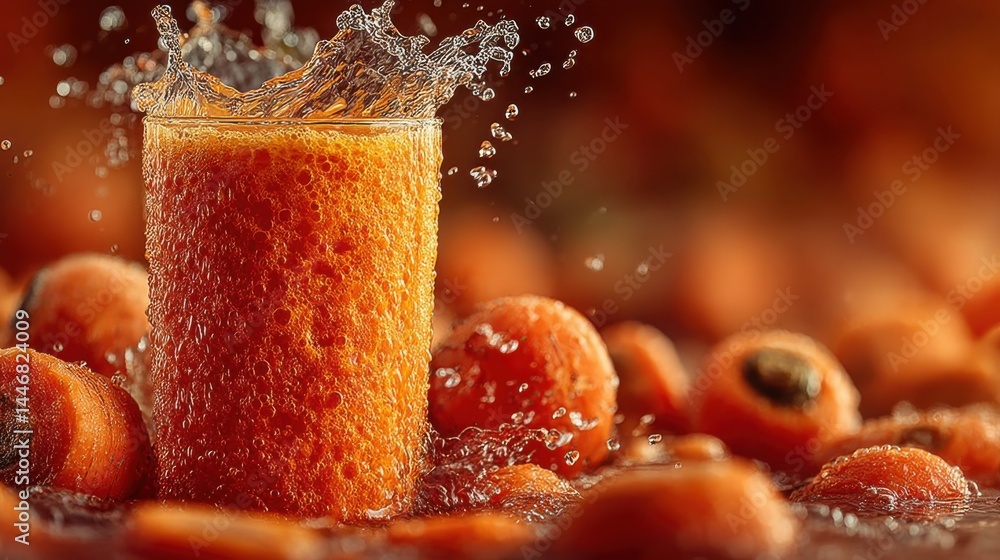 Poster freshly squeezed carrot juice with splashes and carrots in a vibrant orange scene