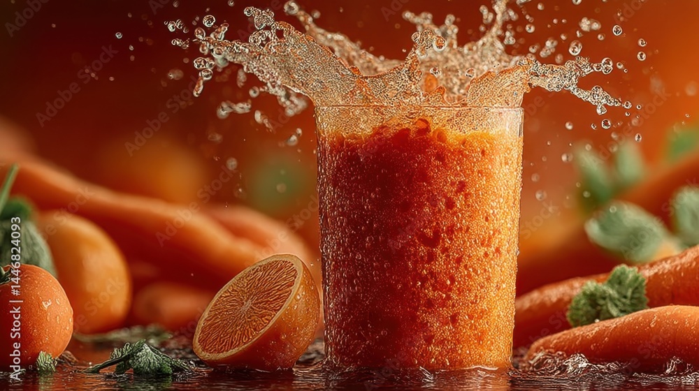 Poster freshly squeezed carrot juice with splash, carrots, and orange slices on a table
