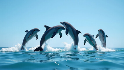 Fototapeta premium Ocean Ballet: Dolphins in Curved Formation Leap