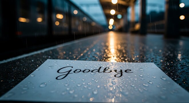 Card Saying Goodbye on Wet Train Platform During Rain