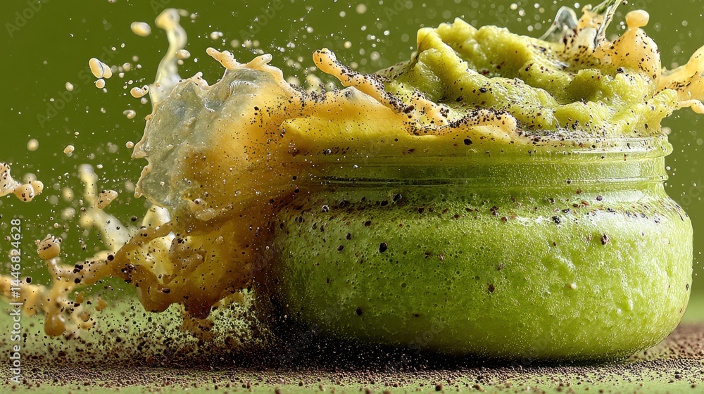 Poster Green smoothie bursting from a jar creating dynamic splash with vibrant colors