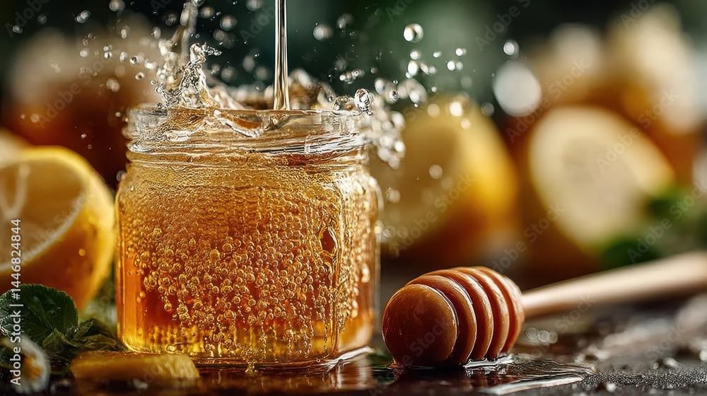 Aufkleber honey being poured into a jar with lemons and a honey dipper in the background.