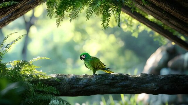 Vibrant green parrot perched on a branch, lush foliage surrounds
