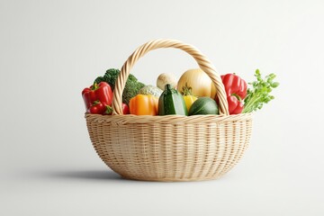 Isolated grocery basket filled with organic vegetables, photorealistic vector, crisp white background