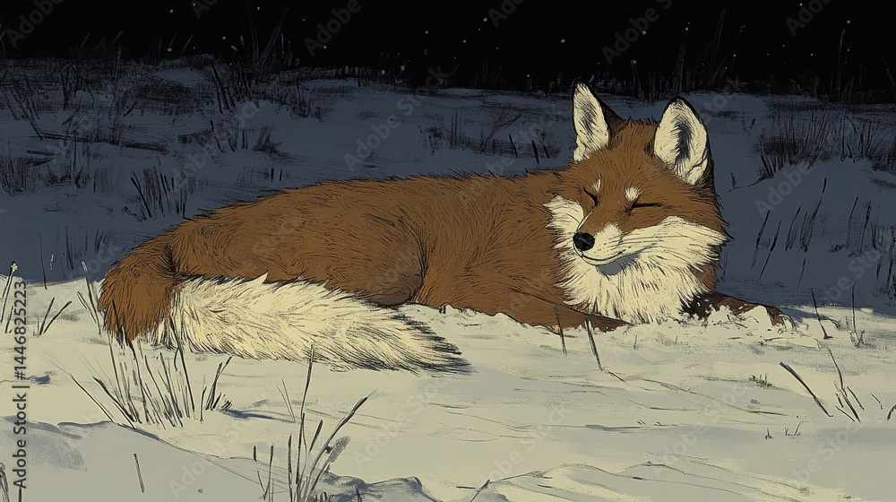 Poster abstract rendering portraying a relaxed fox amidst a minimalist winter scene with speckled textures 