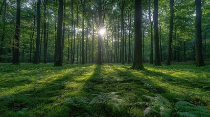 Obraz premium Sunlight streams through a dense forest canopy, illuminating the mossy forest floor