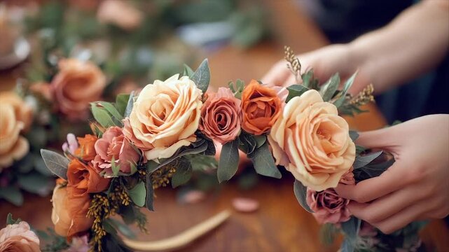 Floral crown creation in progress.  Hands carefully arrange blooms, creating a beautiful headpiece