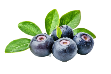 Close-up view of a bunch of blueberries with green leaves, showcasing their vibrant color and detailed texture.  Water droplets add a dewy effect.