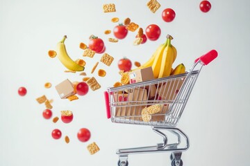 Close-up of goods like cereal boxes, bananas, tomatoes falling perfectly into a shiny metal shopping cart, isolated on white background, studio lighting."
