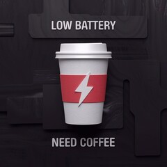 Coffee as an energy source: stylized illustration of a disposable coffee cup with a lightning bolt symbol on a red sleeve, positioned between the texts "LOW BATTERY" and "NEED COFFEE" on a dark textur