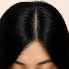 Naklejka premium healthy and thick black hair of women seen from above. neat hair separation