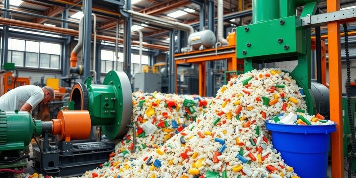 Industrial machinery processes plastic waste into recycled pellets, recycling, machinery