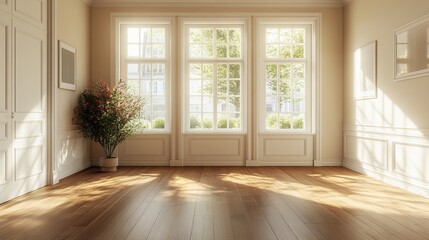 Fototapeta premium Bright and Airy Room Featuring a Large Window with Natural Light and a Lush Green Plant in the Corner