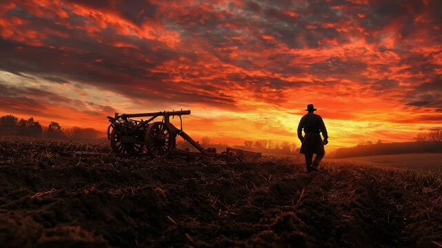 Silhouette of a farmer at sunrise over a plowed field.  A vintage plow sits in the foreground, while a lone figure stands contemplatively under a fiery sunrise